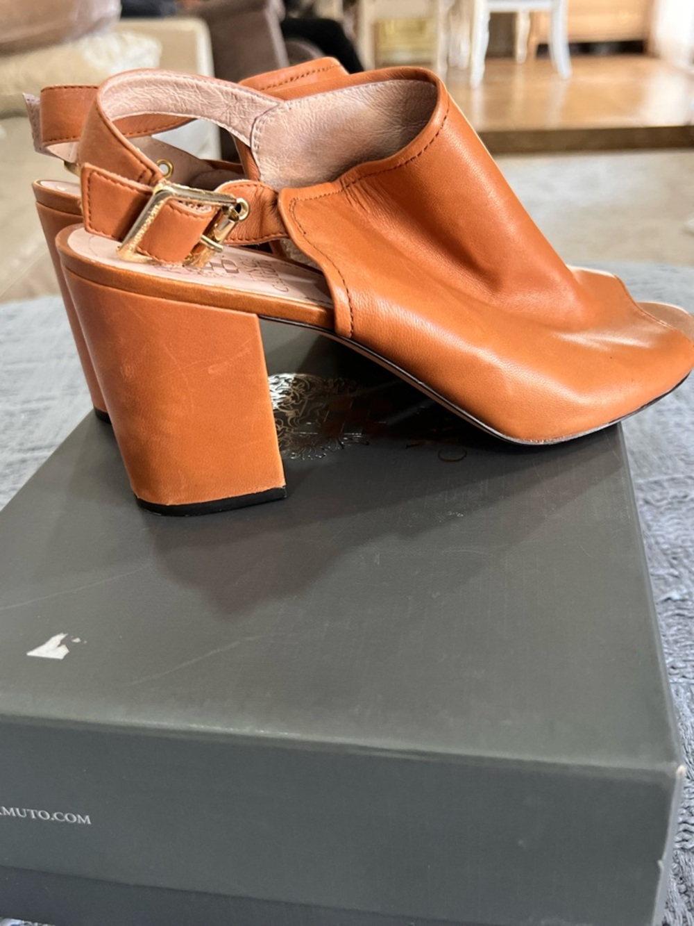 Vince Camuto Cognac Leather Slingback Peep-Toe Sandals